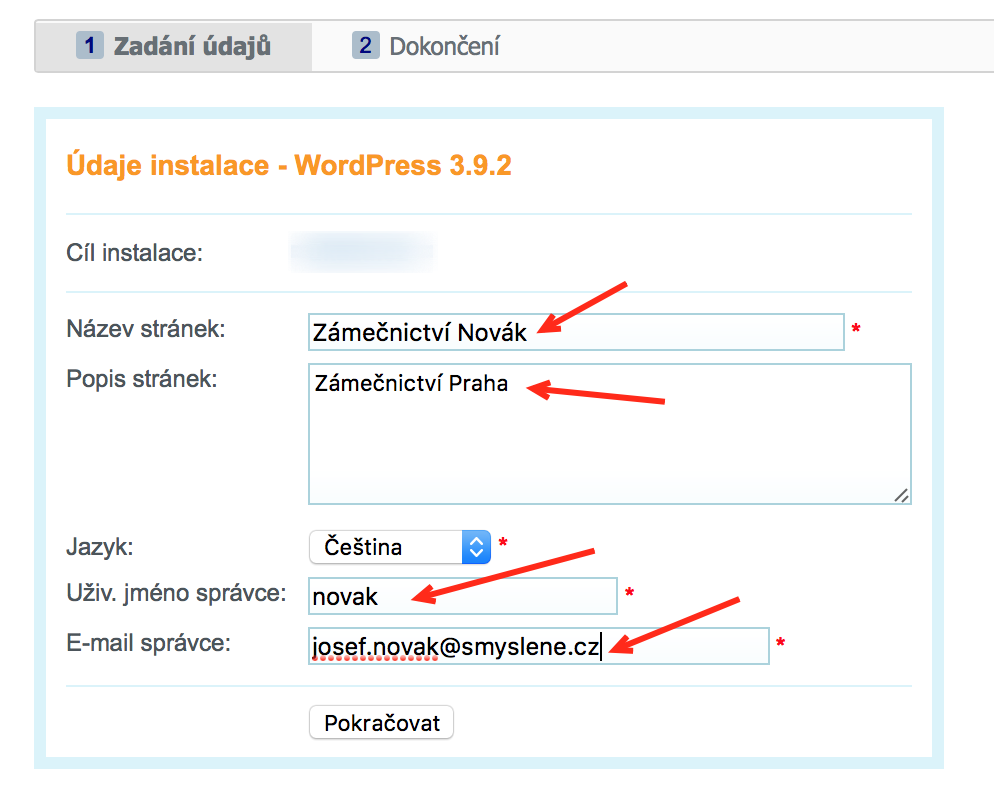 Dormulář pro instalaci WordPressu